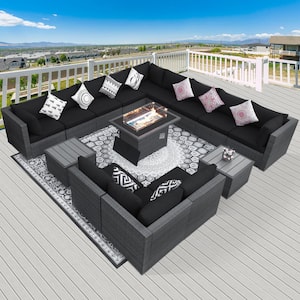 15-Piece Large Size Gray Wicker Patio Conversation Sofa Set with Black Cushions Fire Pit Table and Coffee Tables