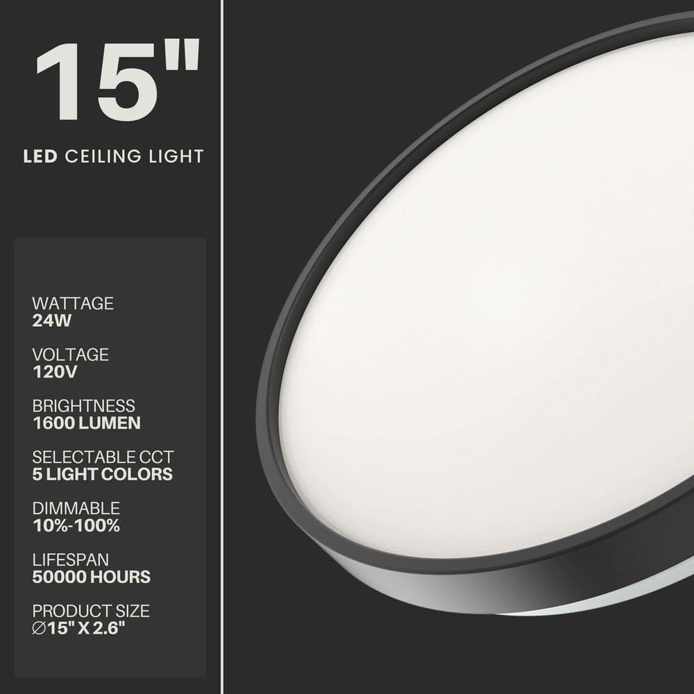 15 in. Modern Ring Slim Selectable LED Flush Mount Ceiling Light Fixture Matte Black For Kitchen Bedroom Living Room