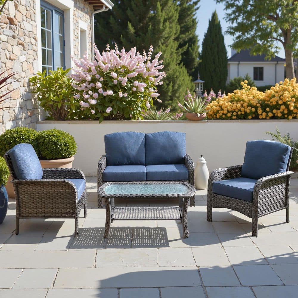 Venice Gray 4-Piece Wicker Modern Outdoor Patio Conversation Sofa Seating Set with Denim Blue Cushions price history on PriceWatchPro