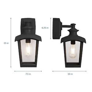 1-Light Black Outdoor Wall Coach Light Sconce with Seeded Glass and Built-In GFCI Outlets