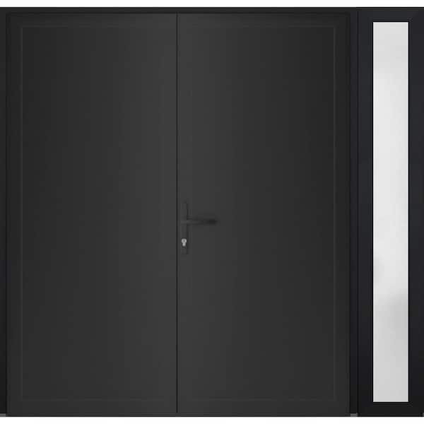 VDOMDOORS 72+ 14 in. x 80 in. Right-hand/Inswing Frosted Glass Matte Black Steel Prehung Front Door with Hardware