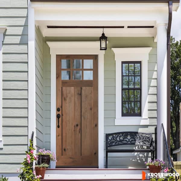 36 in. x 96 in. Craftsman Knotty Alder Right-Hand/Inswing 6-Lite Beveled Clear Glass True Black Wood Prehung Front Door
