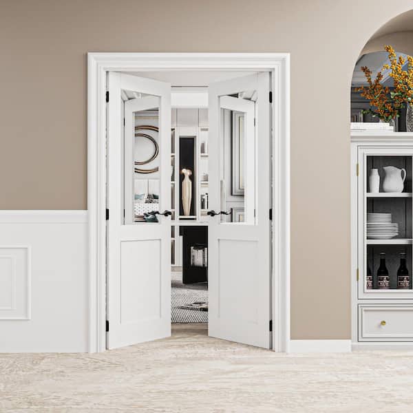 48 in. x 80 in. 1/2-Lite Mirrored Glass Universal White Solid Core Wood Ready to Assemble Interior Door French Door