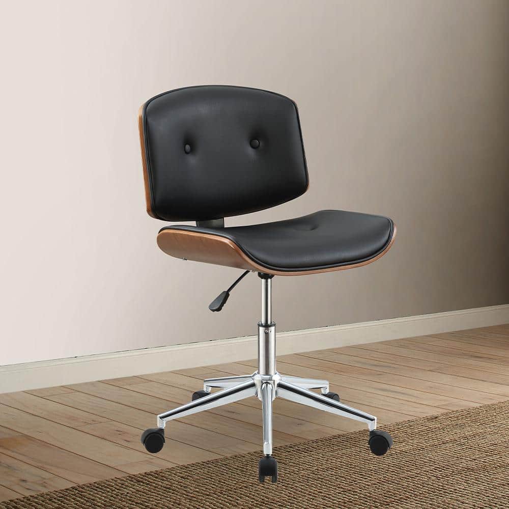 Black Faux Leather Walnut Swivel Office Chair