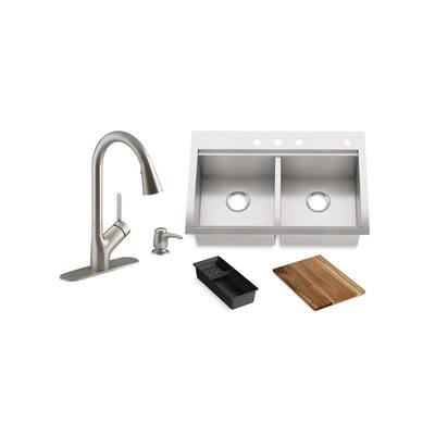 Lyric Workstation 33 in. Dual Mount Stainless Steel Double Bowl Kitchen Sink with Setra Touchless Kitchen Faucet