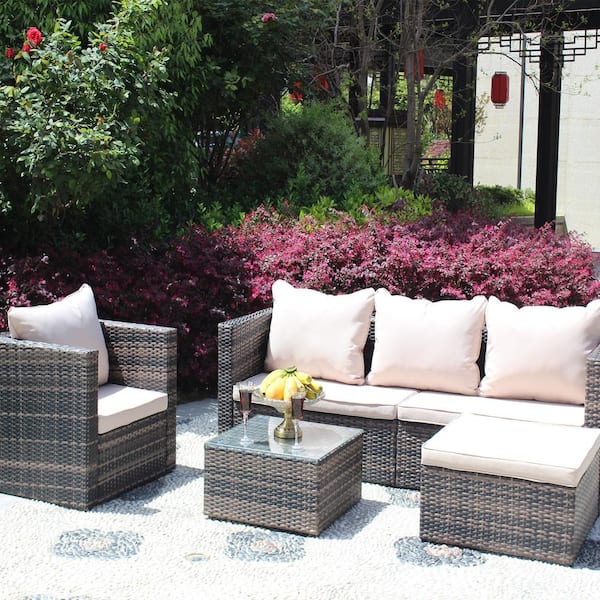 JimsMaison 4-Piece Wicker Patio Conversation Set with Shallow Brown Cushions