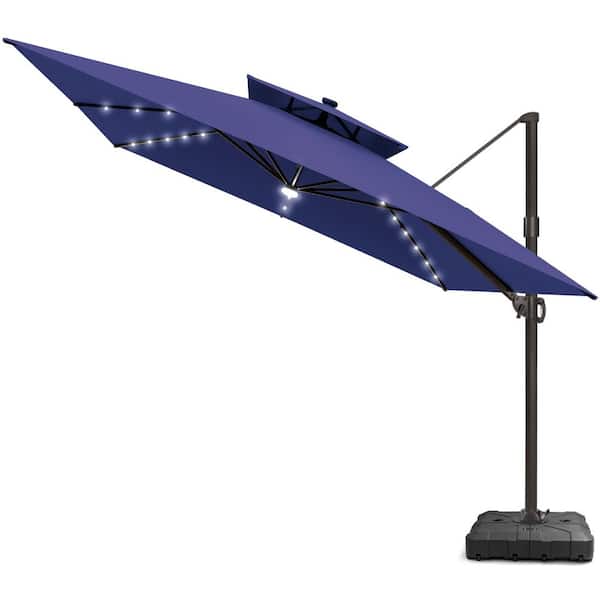 11 ft. 2-Tier Metal Square 360° Rotation Outdoor Cantilever Patio Umbrella with Base with LED Lights in Navy