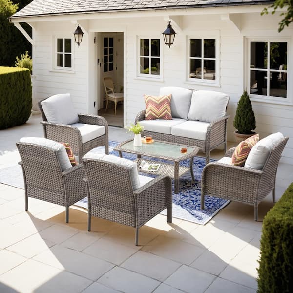 XIZZI Gladiola 6-Piece Wicker Patio Conversation Seating Sofa Set with Light Gray Cushions