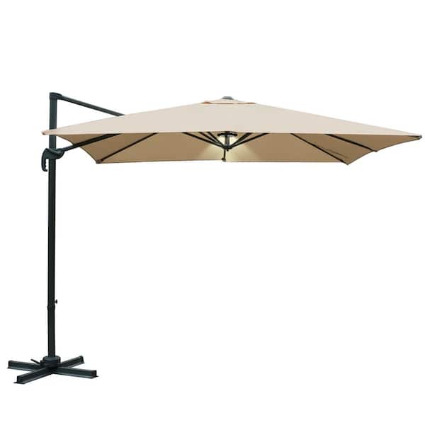 LAUREL CANYON 10 ft. x 10 ft. Aluminum Offset Cantilever Adjustable Vertical Tilt Square Patio Umbrella with LED Light in Beige