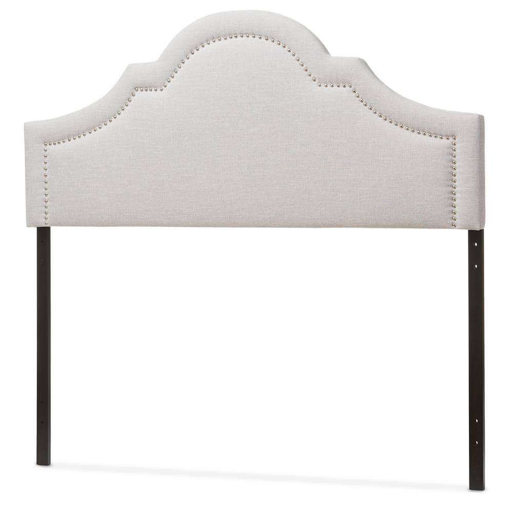Grayish Beige Upholstered Queen Headboard with Silver Nail Trim