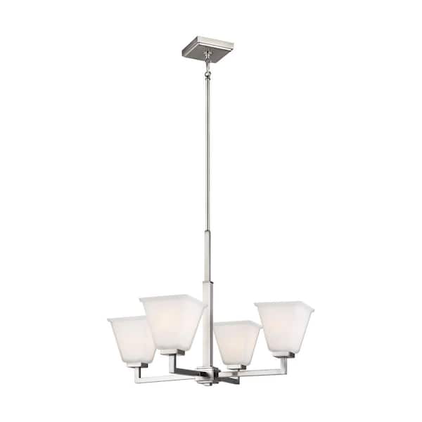 Generation Lighting Ellis Harper 4-Light Brushed Nickel Classic Transitional Hanging Chandelier with Etched White Glass Shades