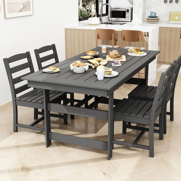 Gray 5-Piece HDPE Plastic Patio Outdoor Dining Set with 1 Umbrella Hole Cut-Out Rectangular Table and 4 HDPE Chairs