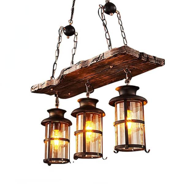 OUKANING 3-Light Black and Brown Retro Shaded Pendant Light with Clear Glass Shade for Dining Room Kitchen, No Bulbs Included
