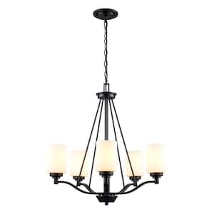 Mod Pod 5-Light Black Candle Chandelier Light Fixture with Frosted Glass Cylinder Shades