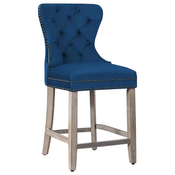 Harper 24 in. High Back Nail Head Trim Button Tufted Royal Blue Velvet Counter Stool w/Solid Wood Frame in Antique Gray