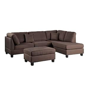 3-Piece Brown Linen 3-Seater L-Shaped Sectional Sofa with Wood Legs