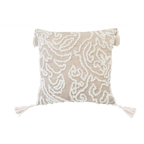 HomeRoots Beige, White Abstract Polyester 17 in. x 17 in. Throw Pillow