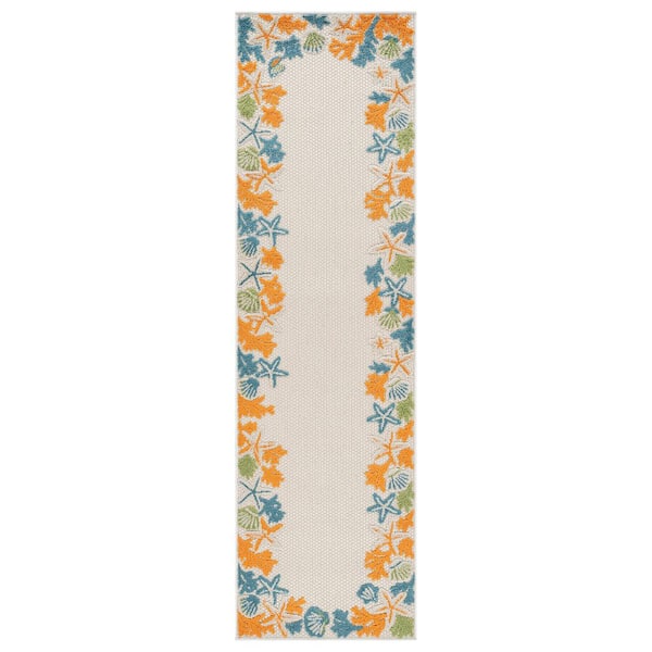 Coastal Border Design Indoor/Outdoor High-Low Textured Runner Rug, Coastal Border, Easy-Clean Patio Rug 2' x 7' Multi