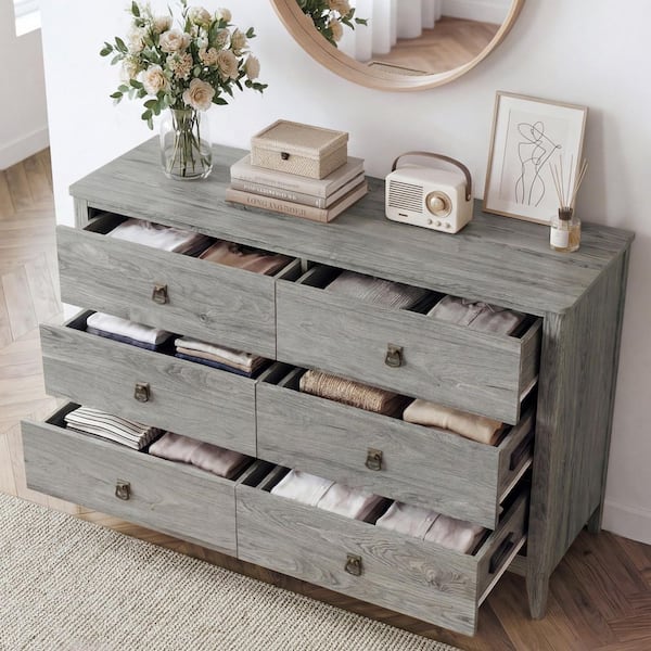 Spruce & Spring Myra 47.2 in. Grey 6 Drawer Wide Dresser with Anti-Tip,  Wood Rustic Chest of Drawers for Bedroom Living Room Hallway SSKJWTDR002- GREY - The Home Depot