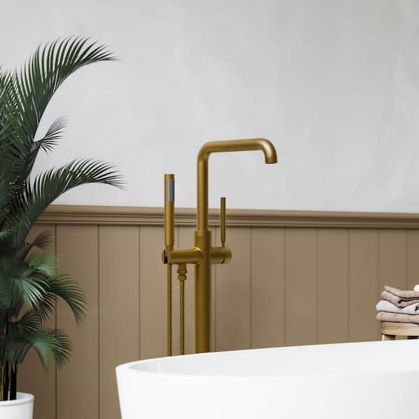 2-Handle Claw Foot Tub Faucets Floor Mount Freestanding Tub Faucet Bathtub Filler with Hand Shower in Brushed Gold