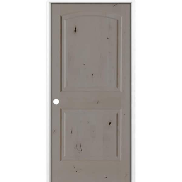 32 in. x 80 in. Rustic 2-Panel Arch Top Right-Hand Weathered Gray Stain Knotty Alder Wood Single Prehung Interior Door