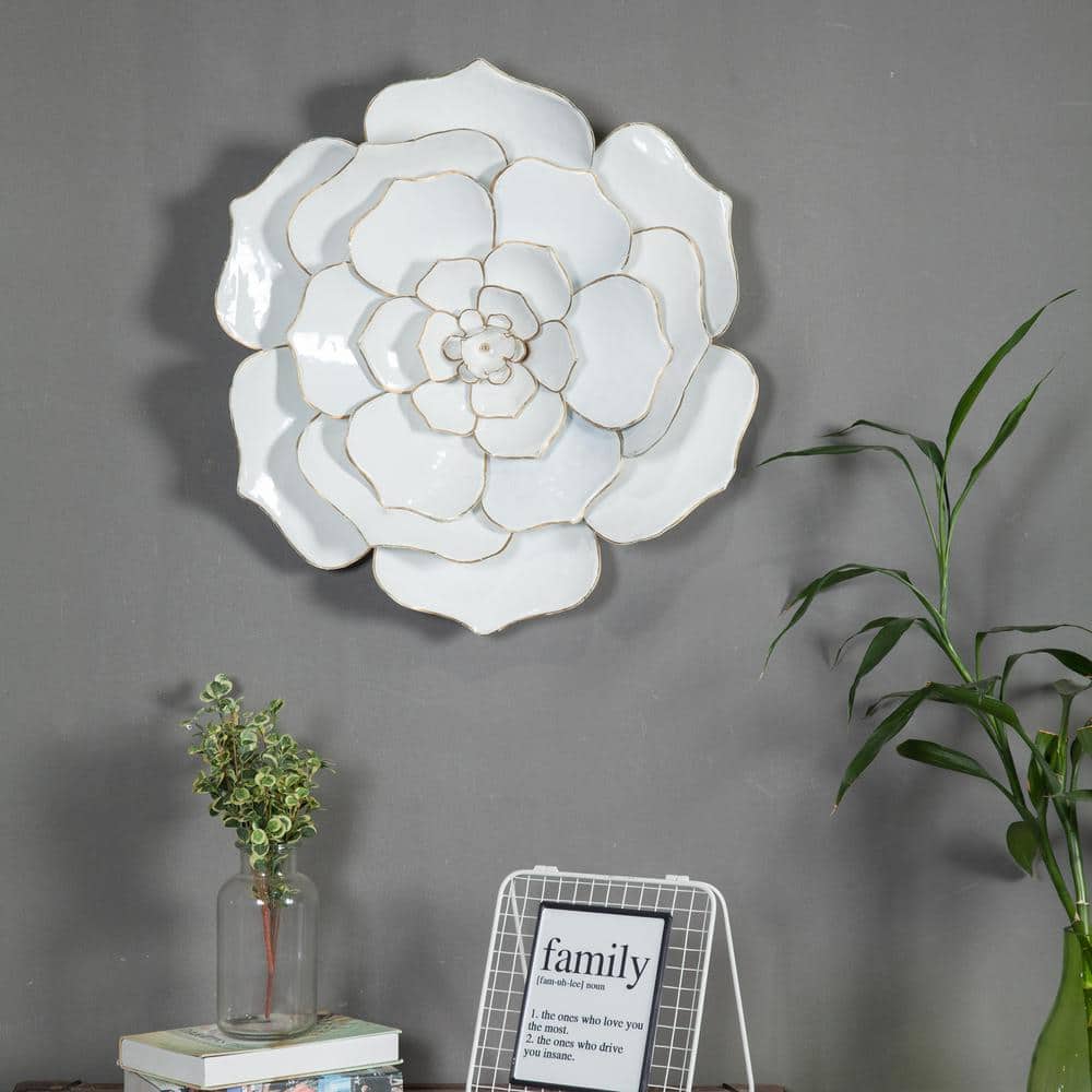 24-Inch White and Gold Iron Flower Wall Sculpture