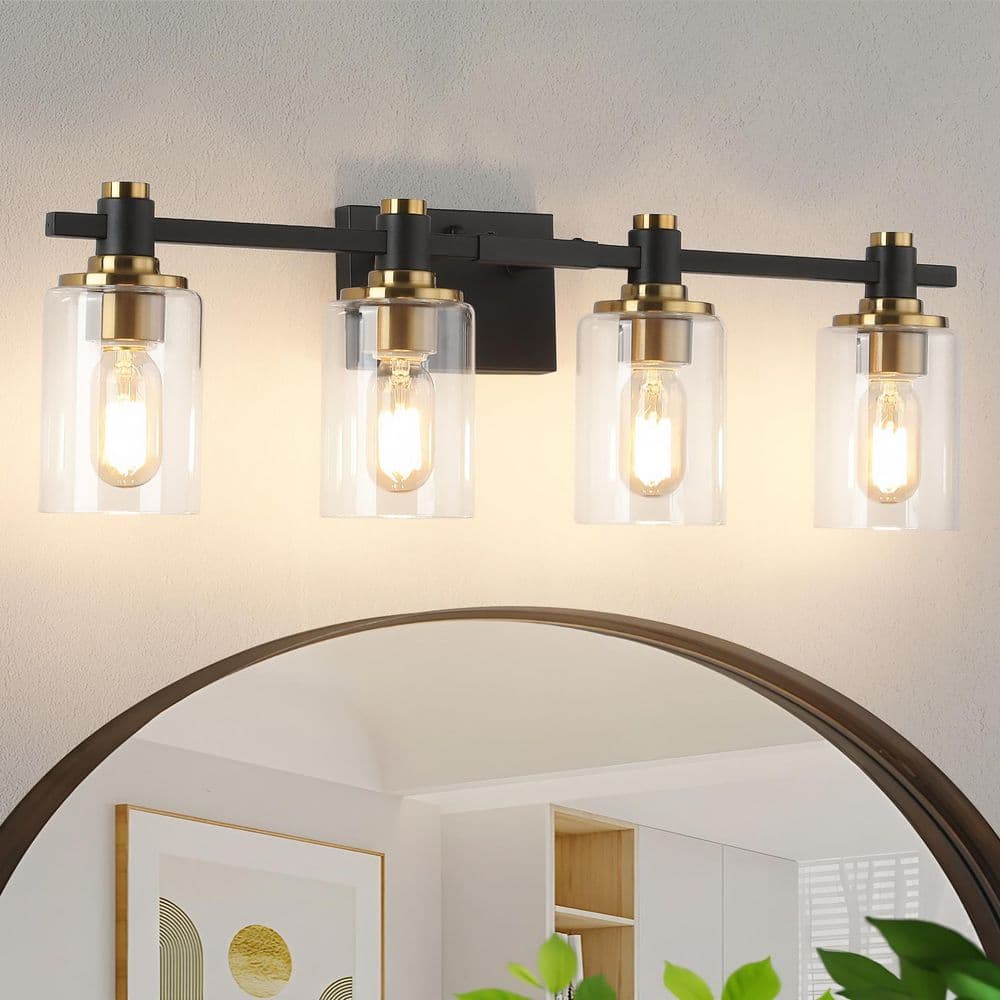 26.97 in. 4 Light Black and Gold Bathroom Vanity Light with Cylinder Clear Glass shades price history on PriceWatchPro
