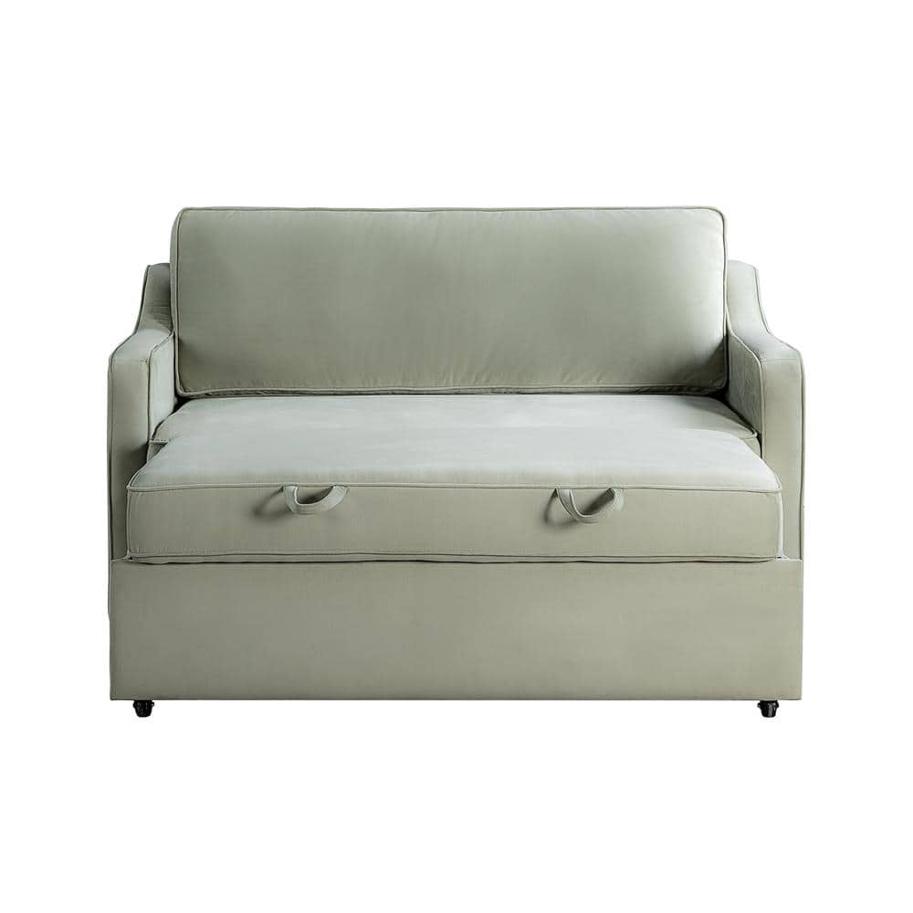 Sage Green Velvet Full Sleeper Loveseat with Wood Legs