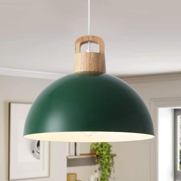 60-Watt 1 Light Green and Wood Plug-in Modern Industrial Pendant Light with Dome Shade for Kitchen No Bulbs Included