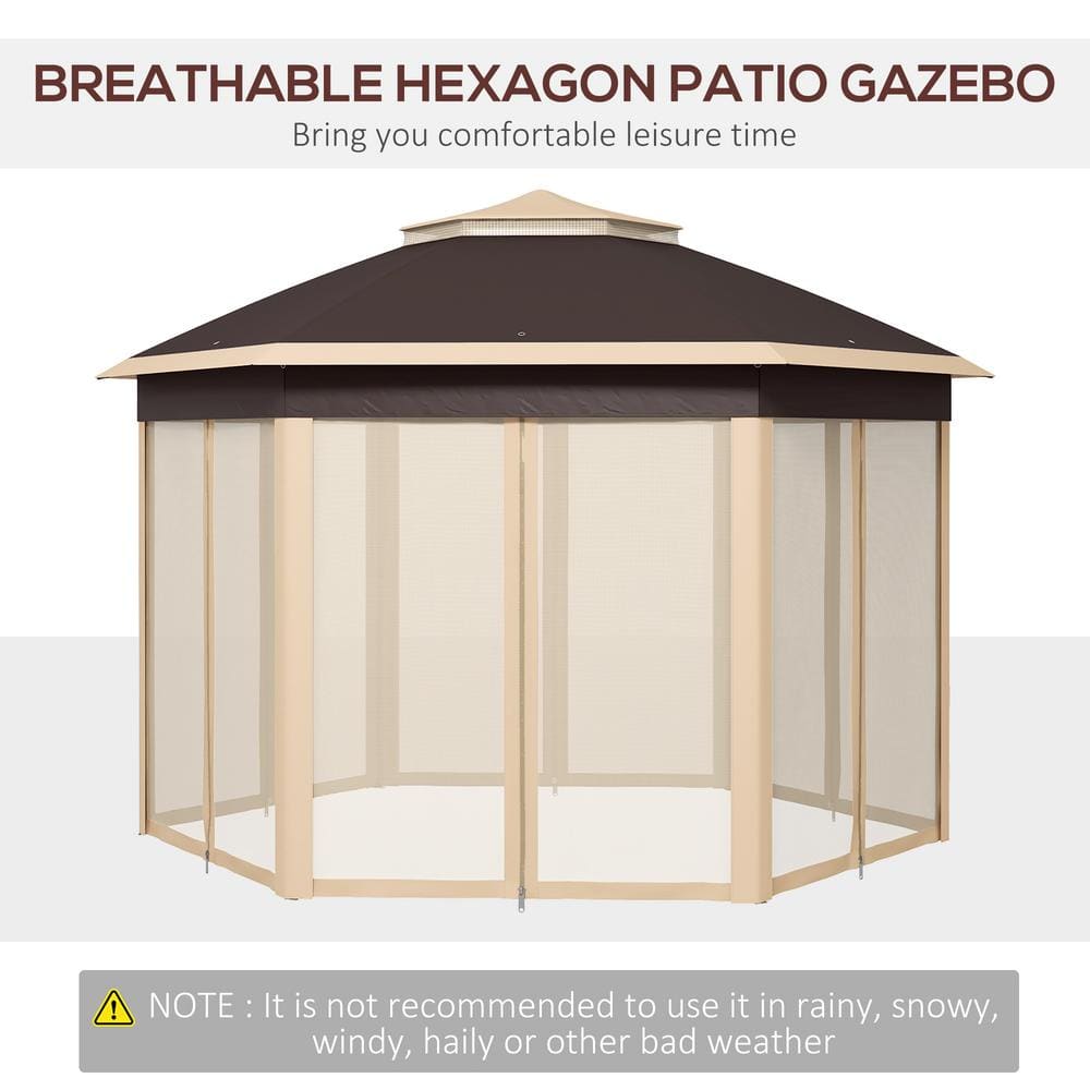 Beige Hexagonal Pop-Up Gazebo with Mesh Netting and Steel Frame
