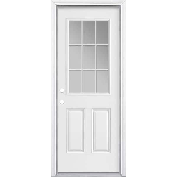 Masonite 30 in. x 80 in. 9 Lite Internal Grille Right-Hand/Inswing Primed Smooth Fiberglass Prehung Front Door with Brickmold