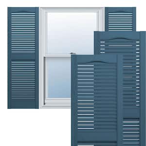 14-1/2 in. x 38 in. Lifetime Vinyl Custom Cathedral Top Center Mullion Open Louvered Shutters Pair Classic Blue