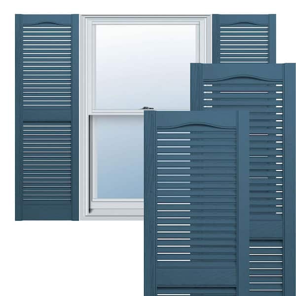 Ekena Millwork 14-1/2 in. x 38 in. Lifetime Vinyl Custom Cathedral Top Center Mullion Open Louvered Shutters Pair Classic Blue
