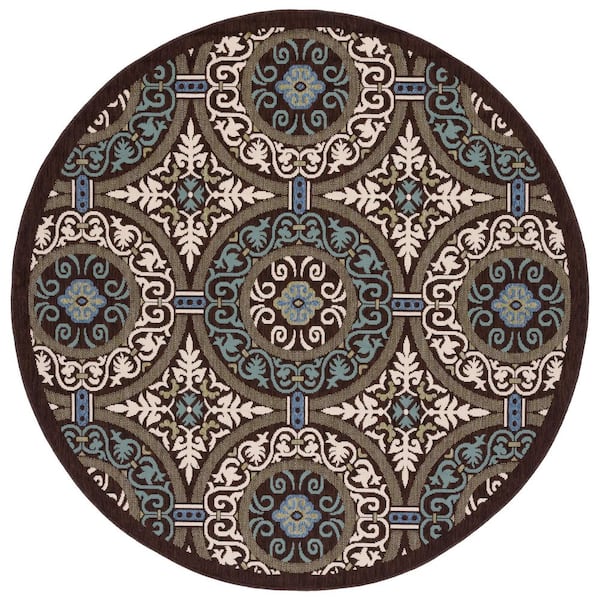 Veranda Chocolate/Cream 3 ft. x 3 ft. Border Geometric Indoor/Outdoor Round Area Rug