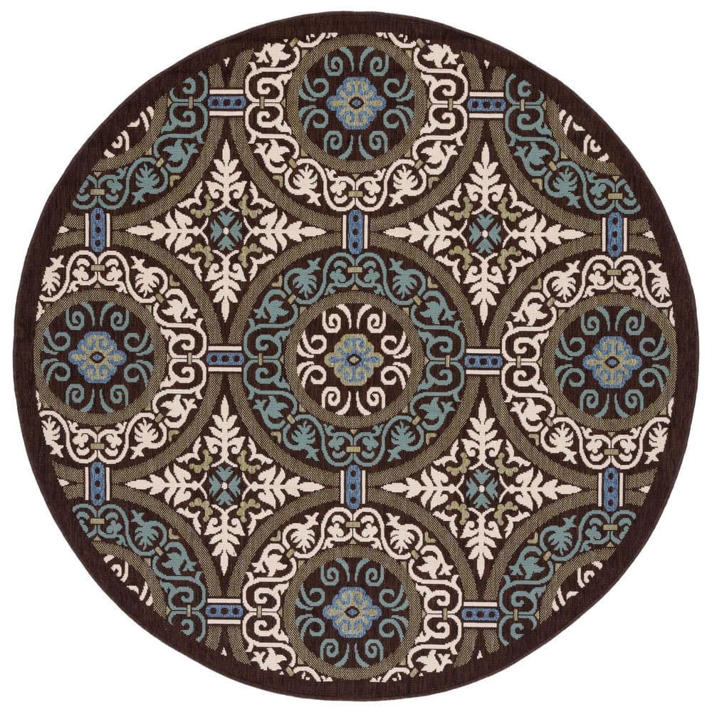 Veranda Chocolate/Cream 5 ft. x 5 ft. Border Geometric Indoor/Outdoor Round Area Rug price history on PriceWatchPro
