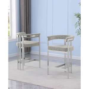 Riley 30 in. Rich Grey Color Low Back Metal Frame Matte Brushed Chrome Base Bar Stool With Boucle Fabric Set of 2