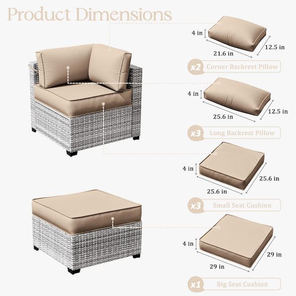 25.6 in. x 25.6 in. x 4 in. (9-Piece) Deep Seating Outdoor Lounge Chair Sectional Cushion Sand