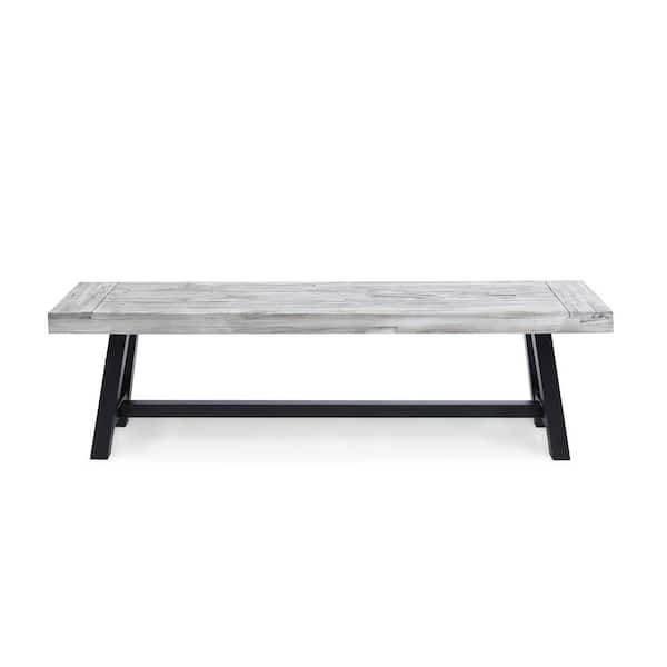Noble House Carlisle Light Gray Wood and Black Metal Outdoor Patio Dining Bench