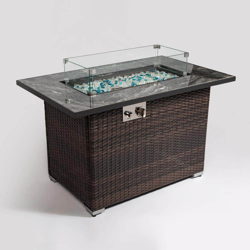 43.3 in. Dark Brown Rectangular Wicker Propane Gas Fire Pit Table 50,000 BTU with Ceramic Tabletop and Glass Rocks price history on PriceWatchPro