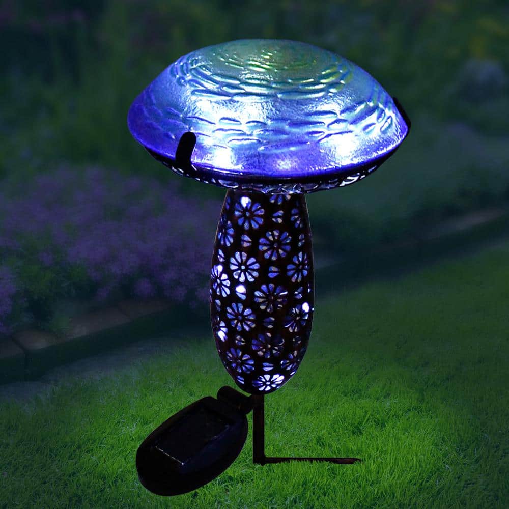 Blue Metal and Glass Solar Mushroom Stake with LED Lights