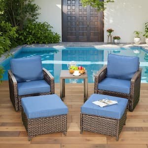 Nyajiah 5-Piece Wicker Patio Conversation Set with Blue Cushions