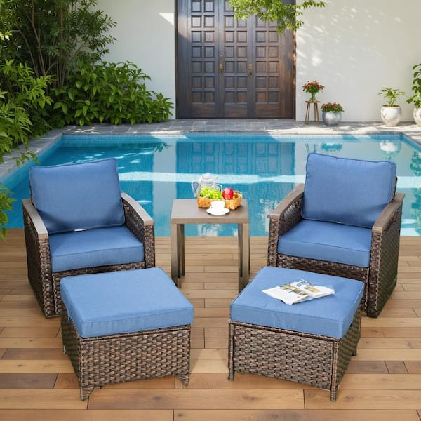 Buenaola Nyajiah 5-Piece Wicker Patio Conversation Set with Blue Cushions