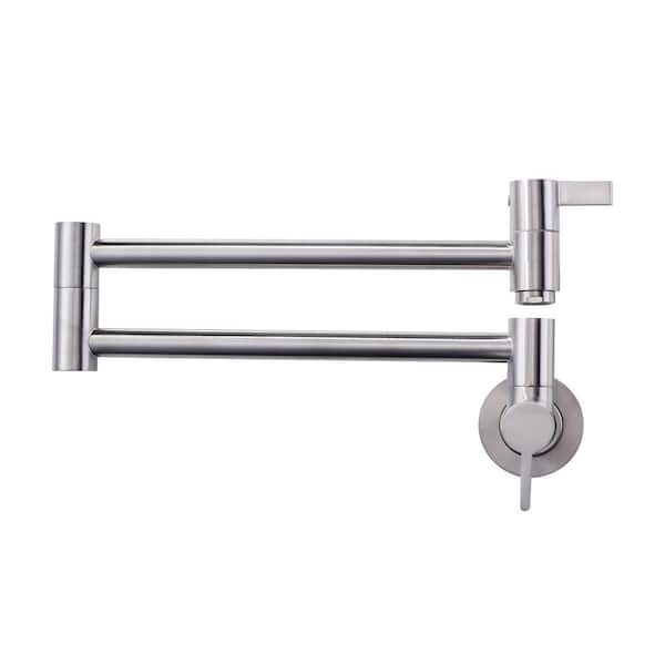 IVIGA Brass Wall Mount Pot Filler with Double Handle, 2 aerators and Swing Arms Folding Kitchen Faucet in Brushed Nickel