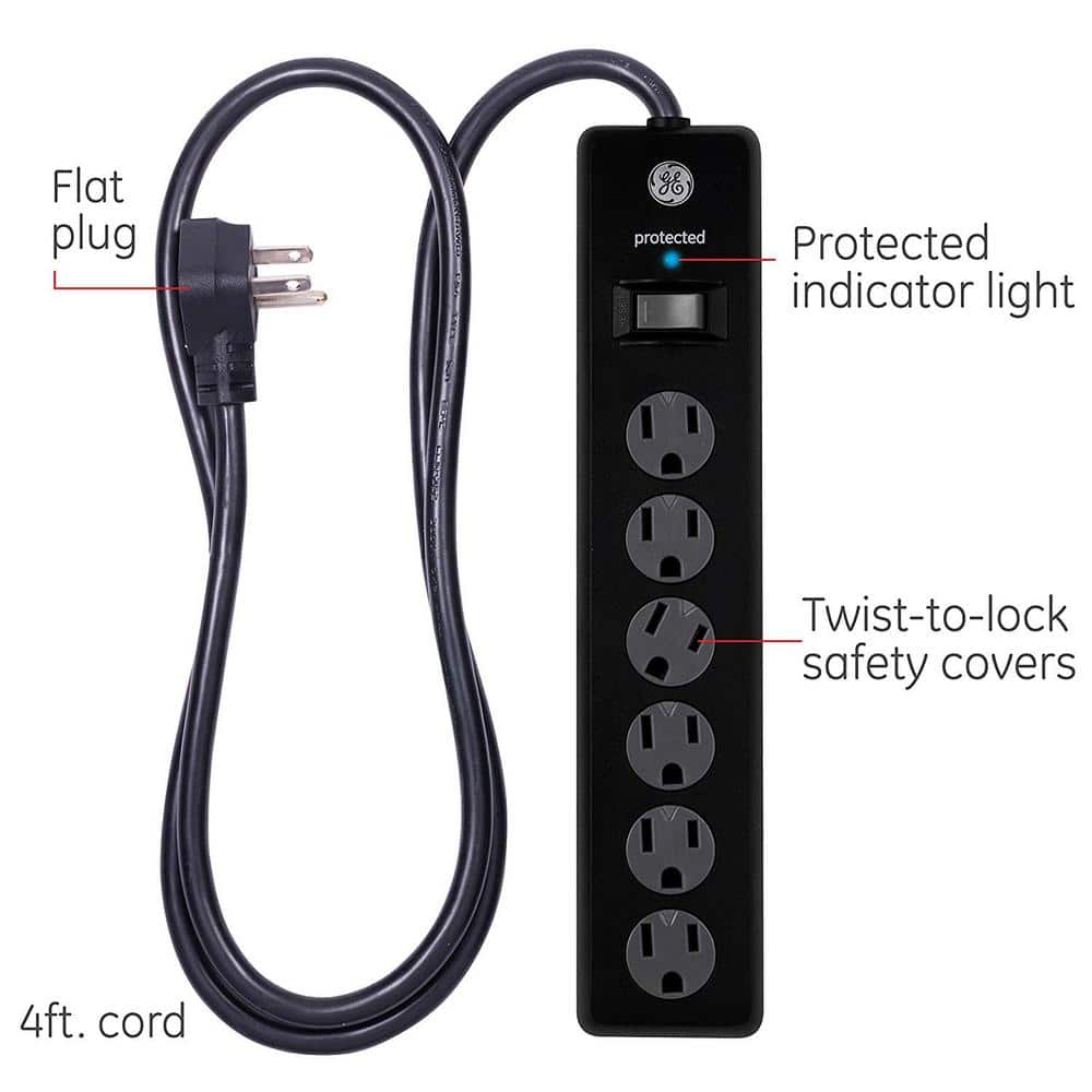 Black 6-Outlet Surge Protector with 4ft Cord