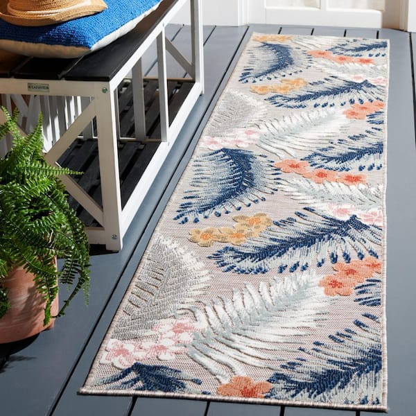 Cabana Gray/Navy 2 ft. x 9 ft. High-Low Botanical Floral Indoor/Outdoor Runner Rug