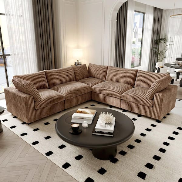 118 in. Square Arm Soft Faux Rabbit Fur Velvet 5-Piece L-Shaped Modern Comfy Cloud Modular Sectional Sofa Couch in Brown