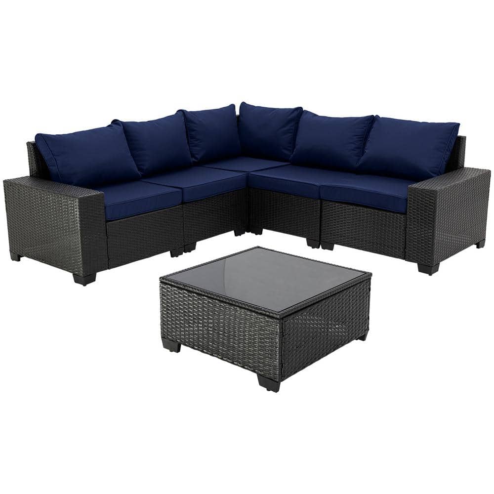 6-Piece Dark Coffee Wicker Outdoor Sectional Sofa Set with Dark Blue Cushio