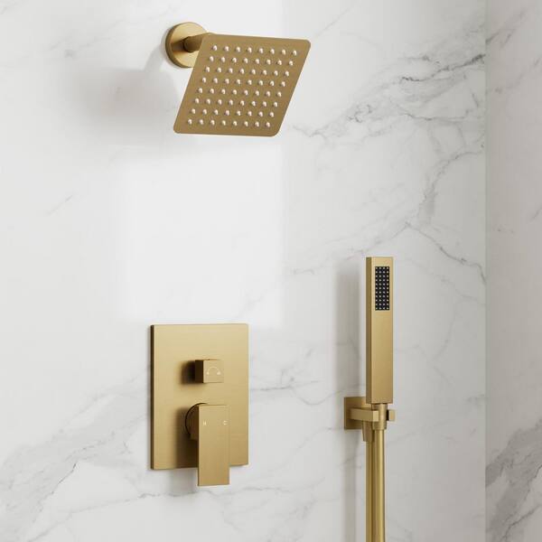 6 in. 2-Spray Square High Pressure Wall Bar Shower Kit with Hand Shower 2.5 GPM in Brushed Gold (Valve Included)