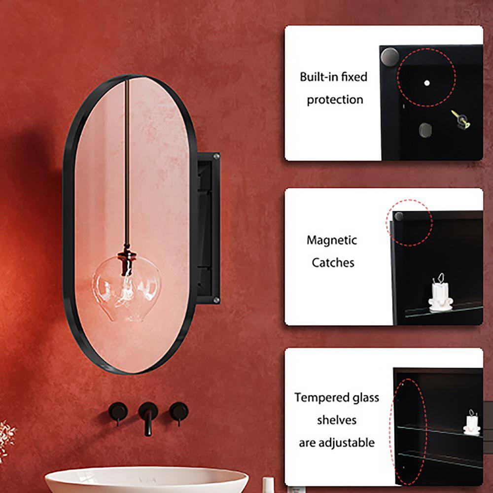 20x34 Inch Oval Matte Black Metal Recessed Medicine Cabinet with Mirror