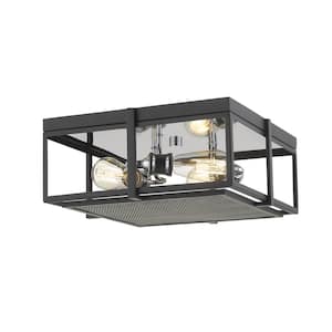 Halcyon 15.75 in. 3-Light Matte Black and Chrome Flush Mount Light with No Bulbs Included